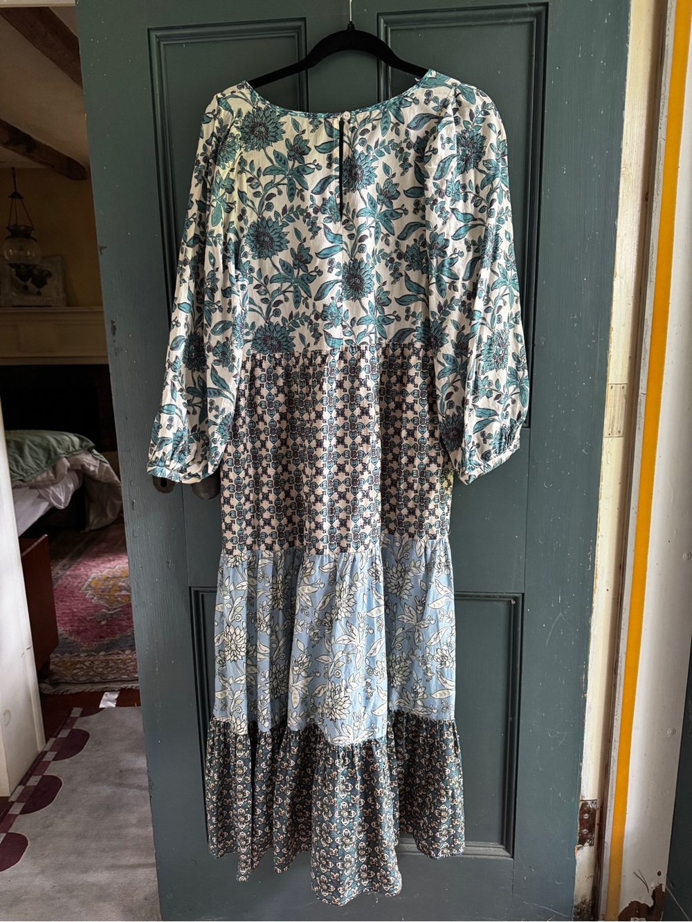 Zara Mixed Print Floral Maxi Dress Long Sleeve V Neck Teal Size M - Picture 5 of 5
